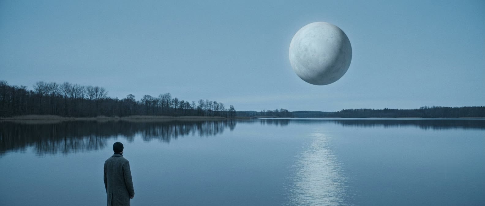 A lone figure stands at the edge of a mirror-still lake at blue hour. High above hangs a second luminous body, a pale grey sphere many times the size of the moon, laying a single narrow path of light across the water.
