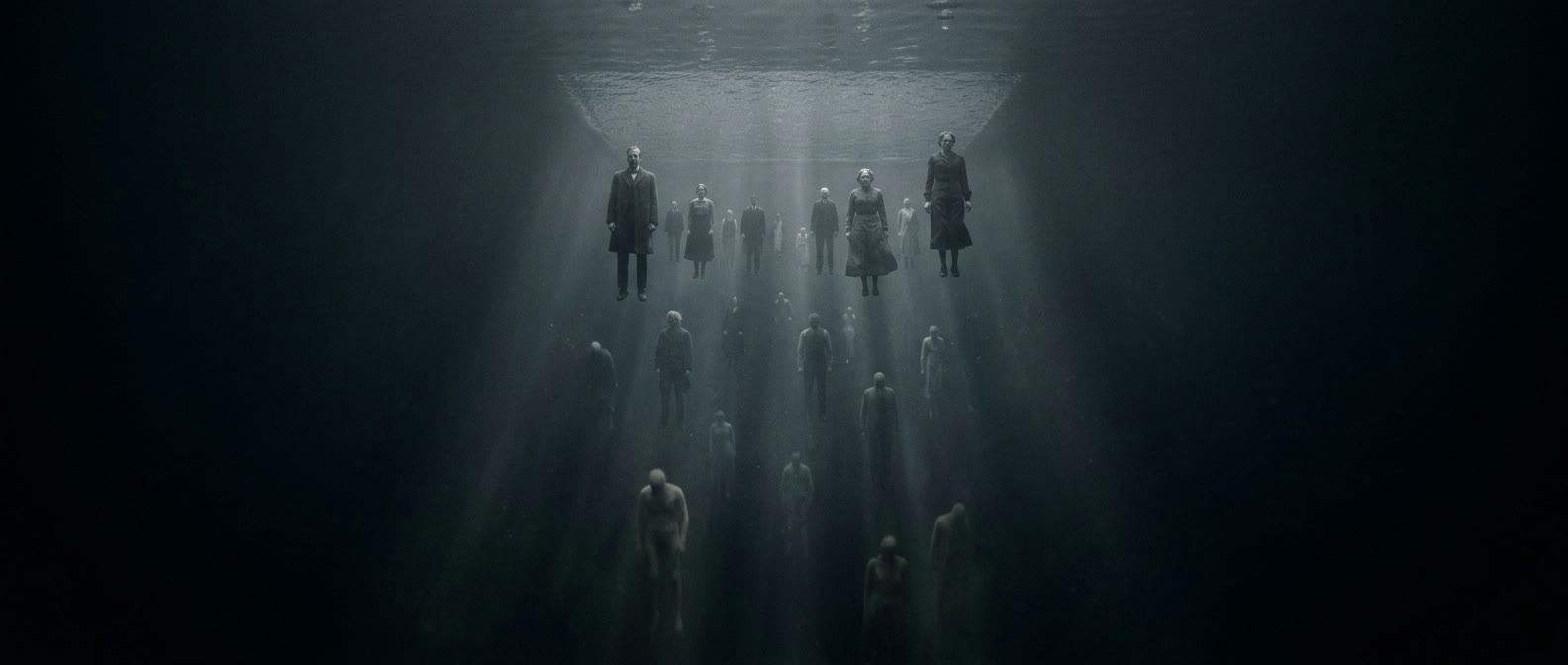 Looking up from deep beneath a still, dark lake. Pale human figures hang motionless at many depths, each fainter than the one above it, until the deepest are only suggestions of shape in black water.