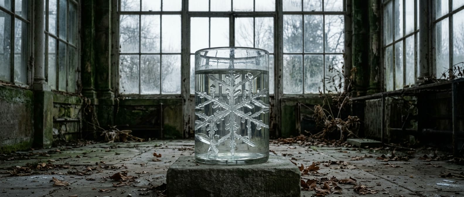 A tall glass vessel of clear, still liquid on a stone plinth in an abandoned orangery. Inside it a colourless crystal has grown along a strict six-fold geometry, catching the winter light along its edges.