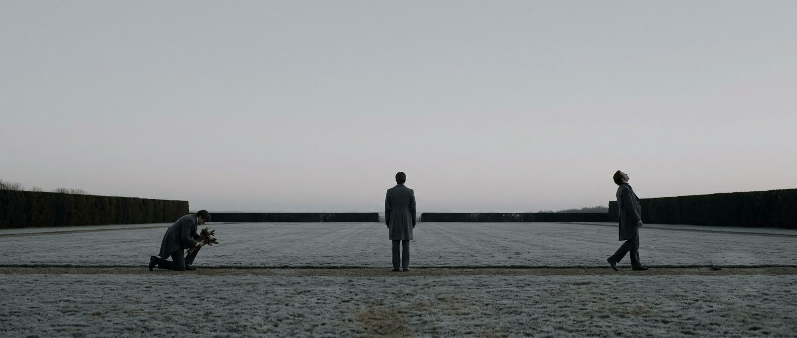 Three figures stand far apart on a frost-covered lawn at dusk, each held in a distinct posture. One kneels and gathers, one faces the horizon, one is caught mid-stride with the head tilted back, all beneath an enormous empty sky.