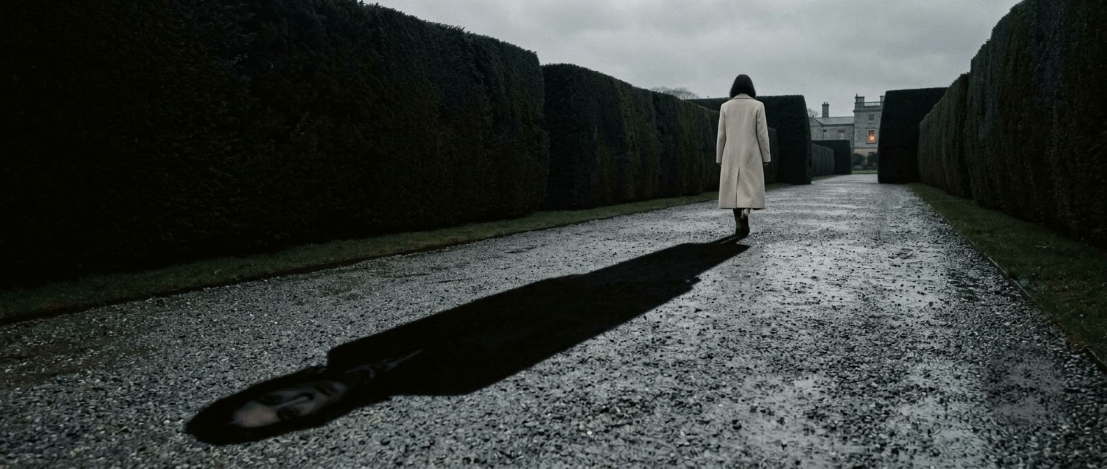 A figure in a pale coat walks away down a wet gravel path between tall dark hedges. The shadow thrown back toward the viewer is far longer and denser than the light allows, and the head within it is turned to face you.