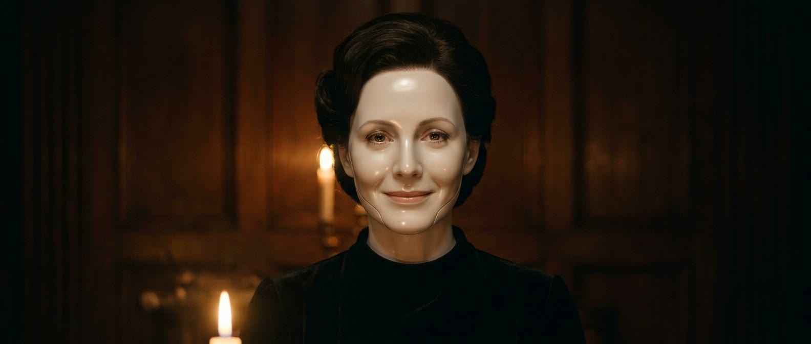 A person in black evening dress, lit by candlelight, wearing a composed social smile. The skin has the matte sheen of glazed porcelain and a hairline seam runs along the jaw. The eyes are entirely alive, and tired.