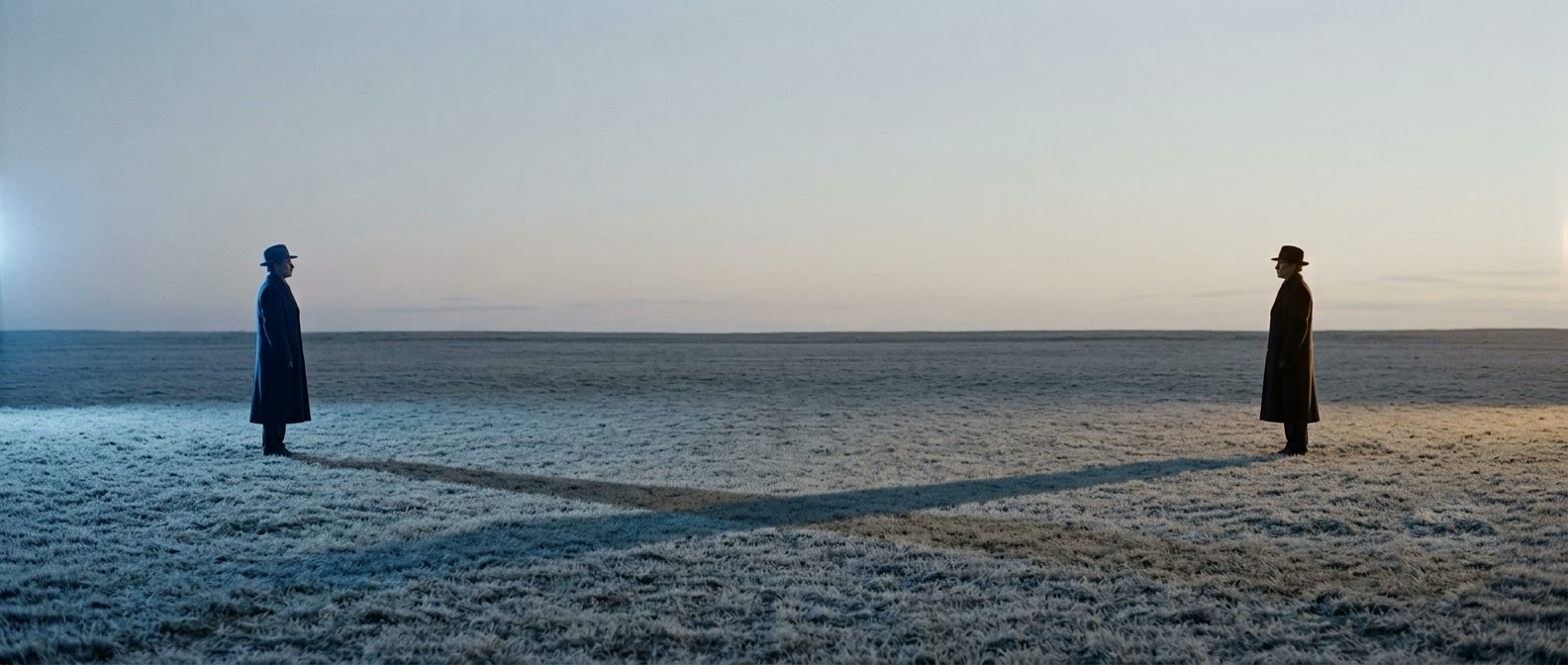 Two figures in long dark coats and hats stand far apart on a frost-covered plain at dusk, facing one another. Each is lit by a different light, one cold and one faintly warm, and their long shadows meet in a single wedge at the centre of the frame.