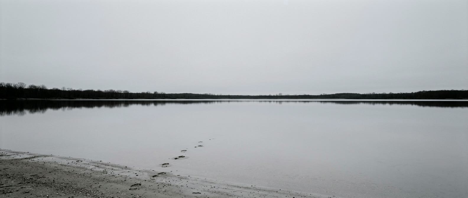 A pale, still lake at first light under a flat empty sky. A single line of footprints crosses the near shore, enters the shallow water, and stops.